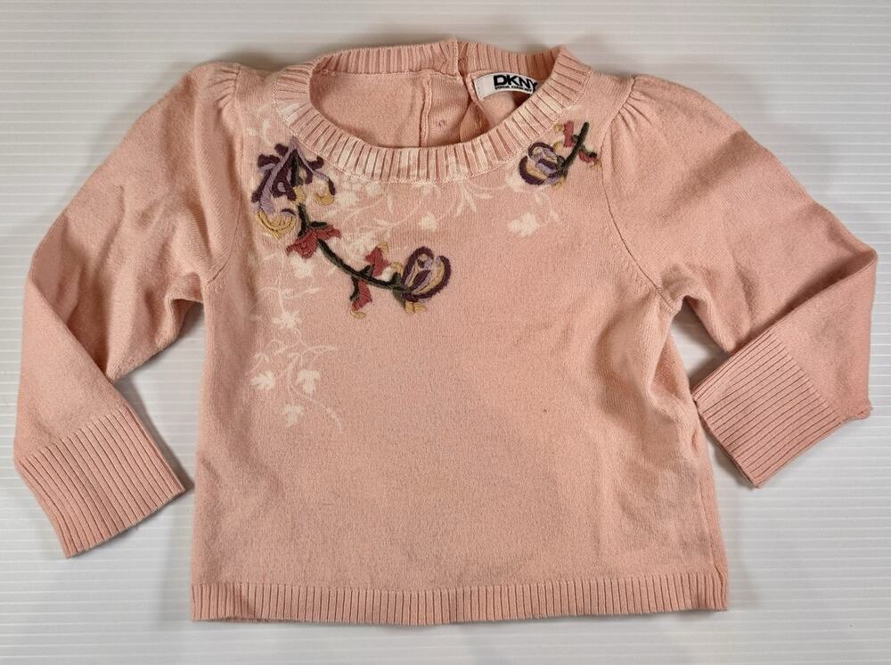 DKNY Girls Sweater 12-18 Months Pink Cotton Knit Embroidered 3D Floral Pullover